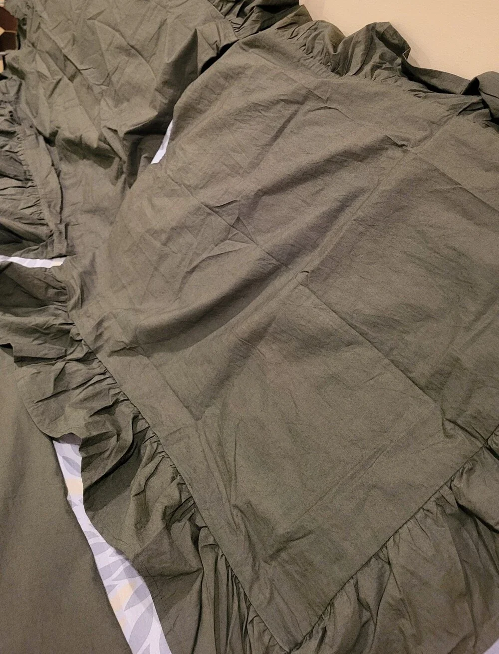 Twin Or Twin XL Olive Green Ruffled Cotton Duvet Cover Set